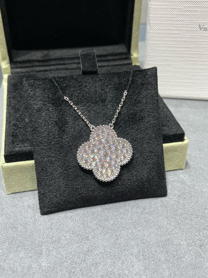 [Clara Jewels]CLOVER 25MM LARGE PENDANT DIAMOND PAVED SILVER NECKLACE