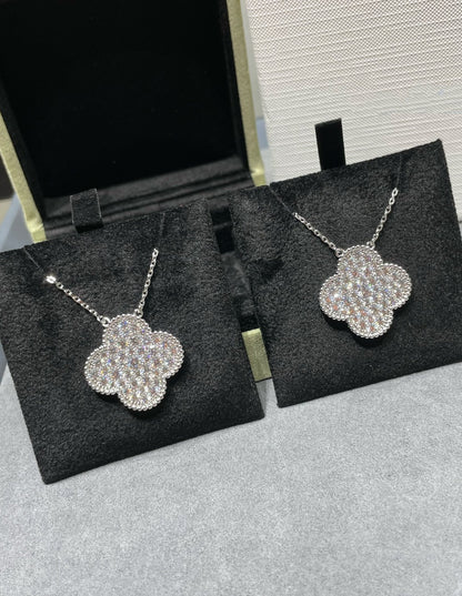 [Clara Jewels]CLOVER 25MM LARGE PENDANT DIAMOND PAVED SILVER NECKLACE