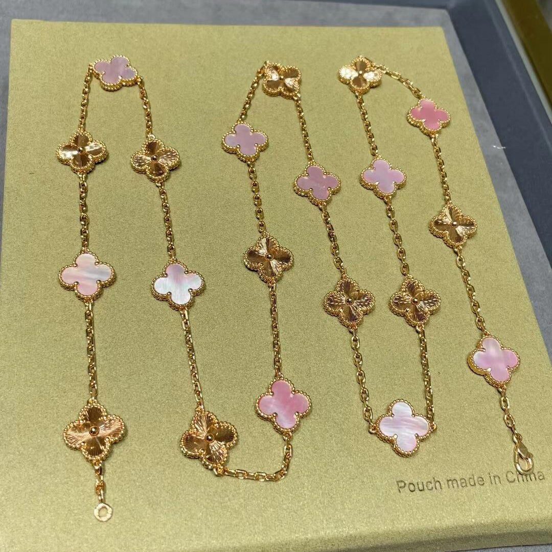[Clara Jewels]CLOVER 20 MOTIFS LASER PINK MOP NECKLACE