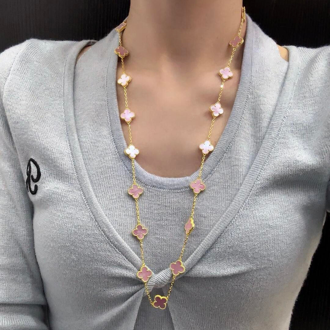 [Clara Jewels]CLOVER 20 MOTIFS PINK MOP NECKLACE