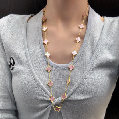 [Clara Jewels]CLOVER 20 MOTIFS PINK MOP NECKLACE