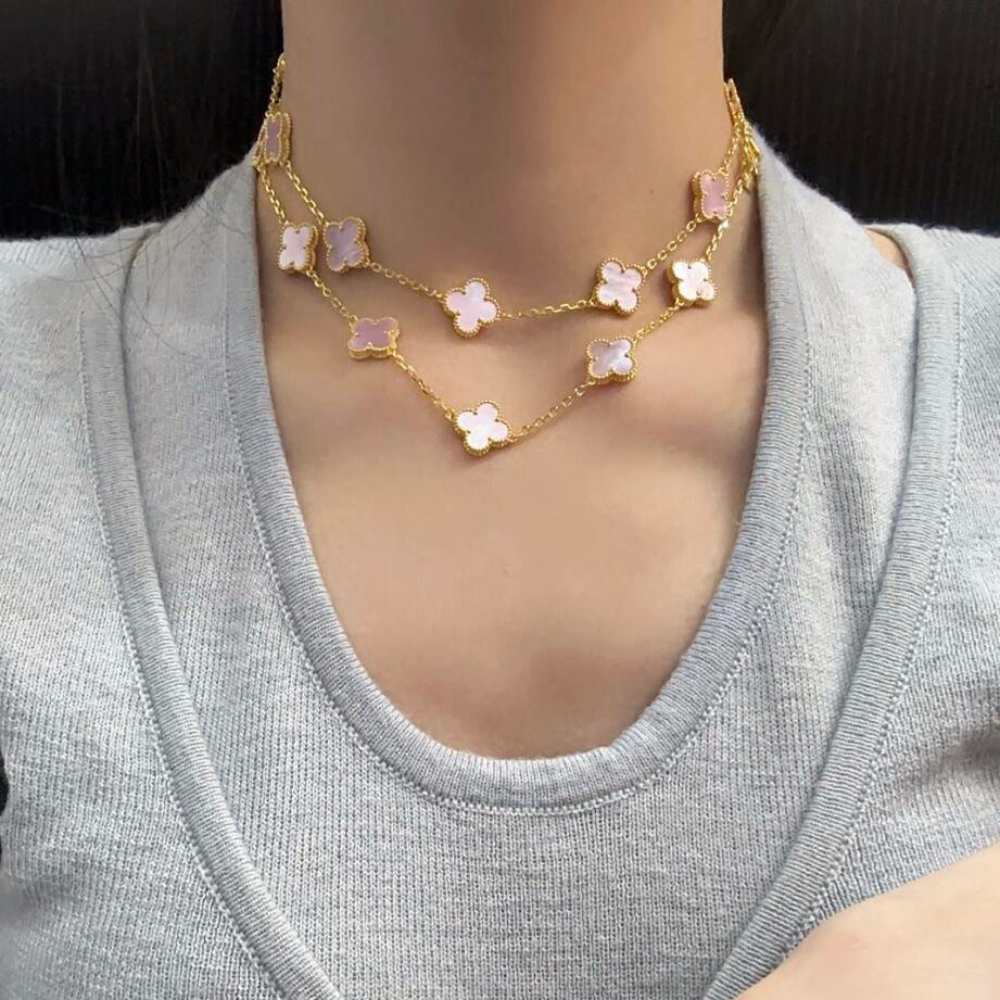 [Clara Jewels]CLOVER 20 MOTIFS PINK MOP NECKLACE