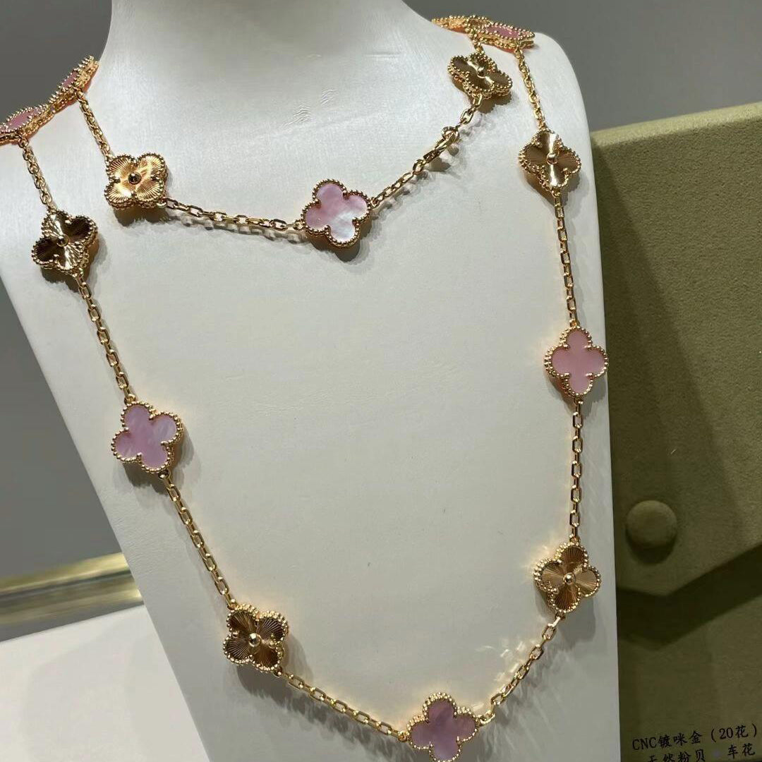 [Clara Jewels]CLOVER 20 MOTIFS LASER PINK MOP NECKLACE
