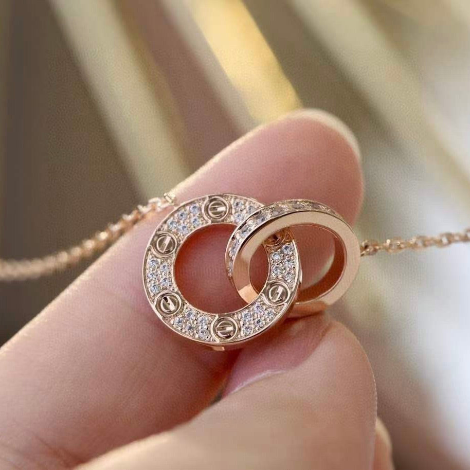 [Clara Jewels]LOVE 7.6MM NECKLACE ROSE GOLD AND SILVER  FULL DIAMOND