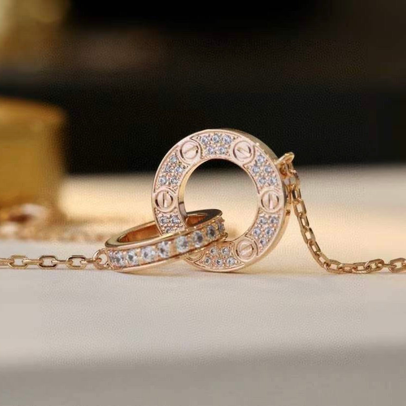 [Clara Jewels]LOVE 7.6MM NECKLACE ROSE GOLD AND SILVER  FULL DIAMOND