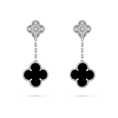 [Clara Jewels]CLOVER 2 MOTIFS  DIAMOND ONYX EARRINGS SILVER