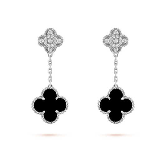 [Clara Jewels]CLOVER 2 MOTIFS  DIAMOND ONYX EARRINGS SILVER