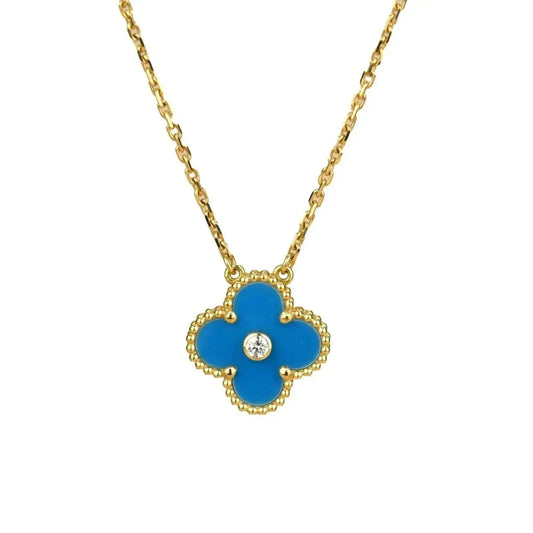 [Clara Jewels]CLOVER 15MM DIAMOND AND BLUE AGATE NECKLACE