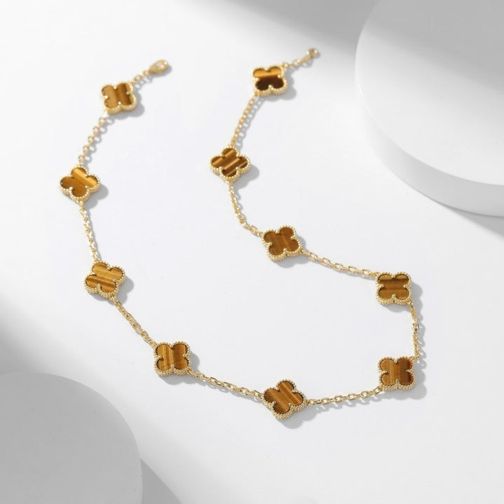 [Clara Jewels]CLOVER 10 MOTIFS TIGER EYE NECKLACE