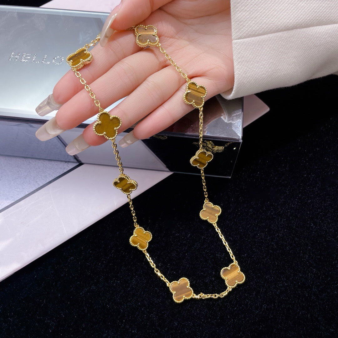 [Clara Jewels]CLOVER 10 MOTIFS TIGER EYE NECKLACE