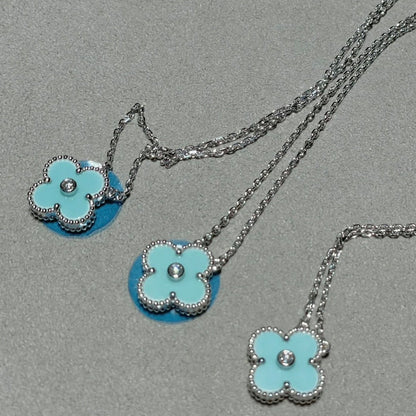 [Clara Jewels]CLOVER 1 DIAMOND LIGHT BLUE SILVER NECKLACE