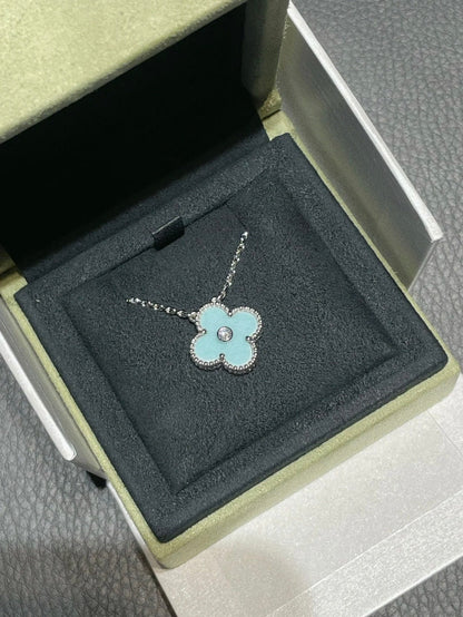 [Clara Jewels]CLOVER 1 DIAMOND LIGHT BLUE SILVER NECKLACE