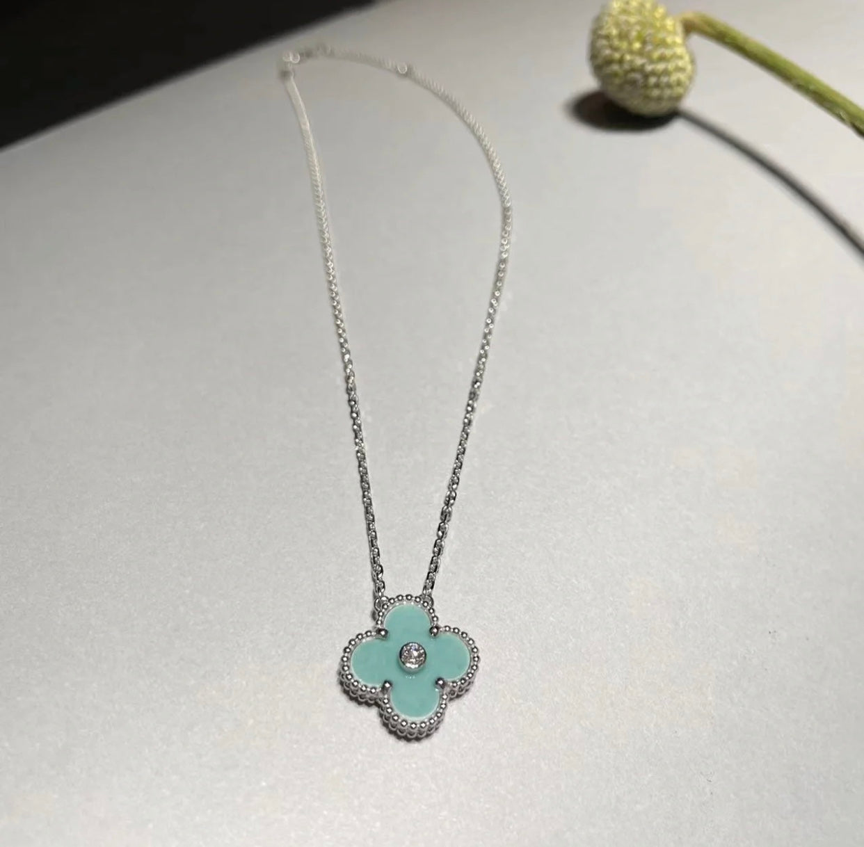 [Clara Jewels]CLOVER 1 DIAMOND LIGHT BLUE SILVER NECKLACE