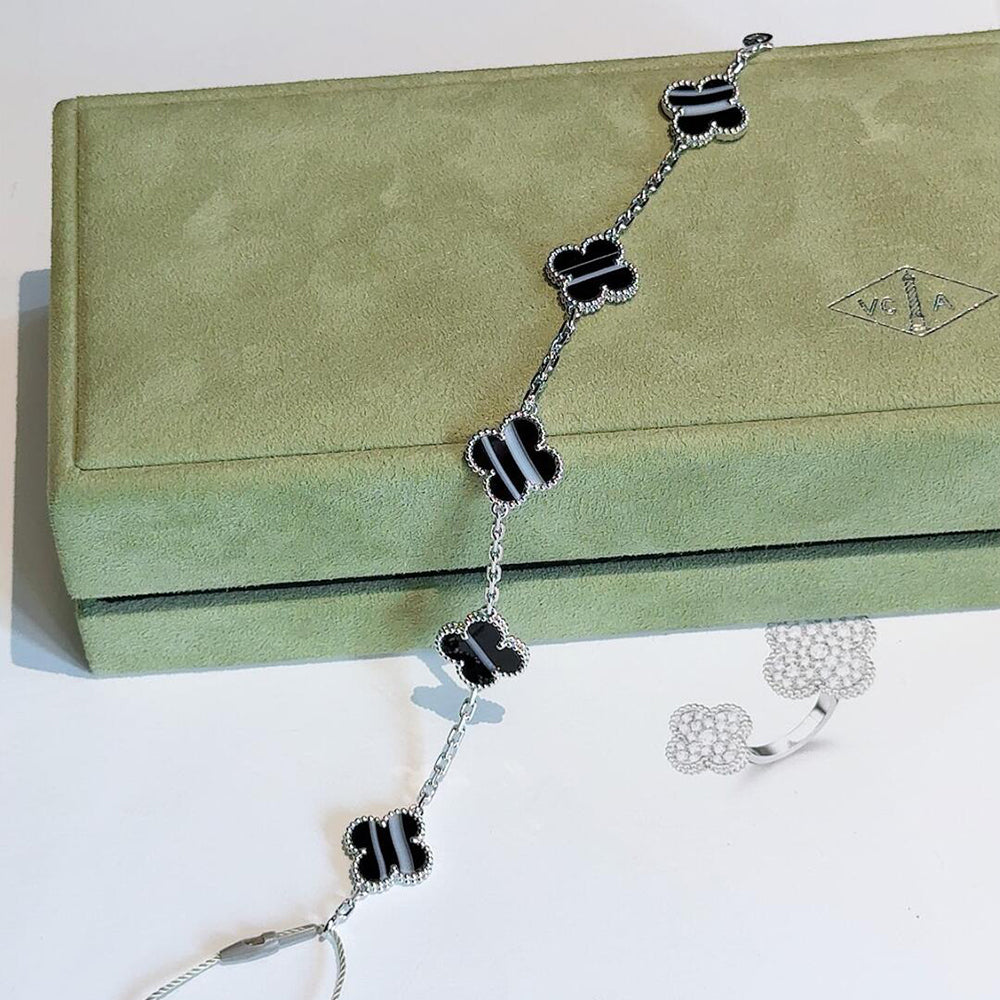 [Clara Jewels]CLOVER 5 MOTIF VEINED ONYX BRACELET SILVER