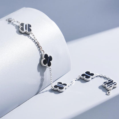 [Clara Jewels]CLOVER 5 MOTIF VEINED ONYX BRACELET SILVER