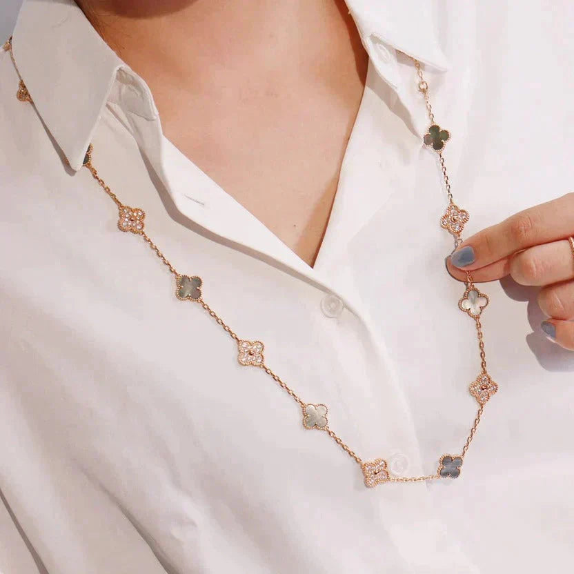 [Clara Jewels]CLOVER 20 MOTIFS DARK MOP DIAMOND  NECKLACE