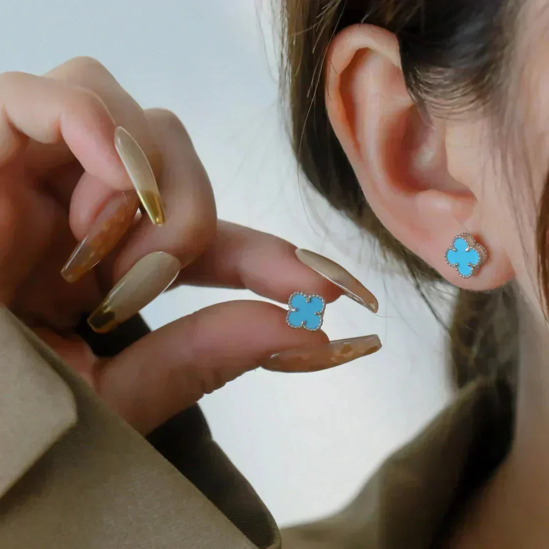 [Clara Jewels]CLOVER MINI TUROUOISE SILVER STUD EARRINGS