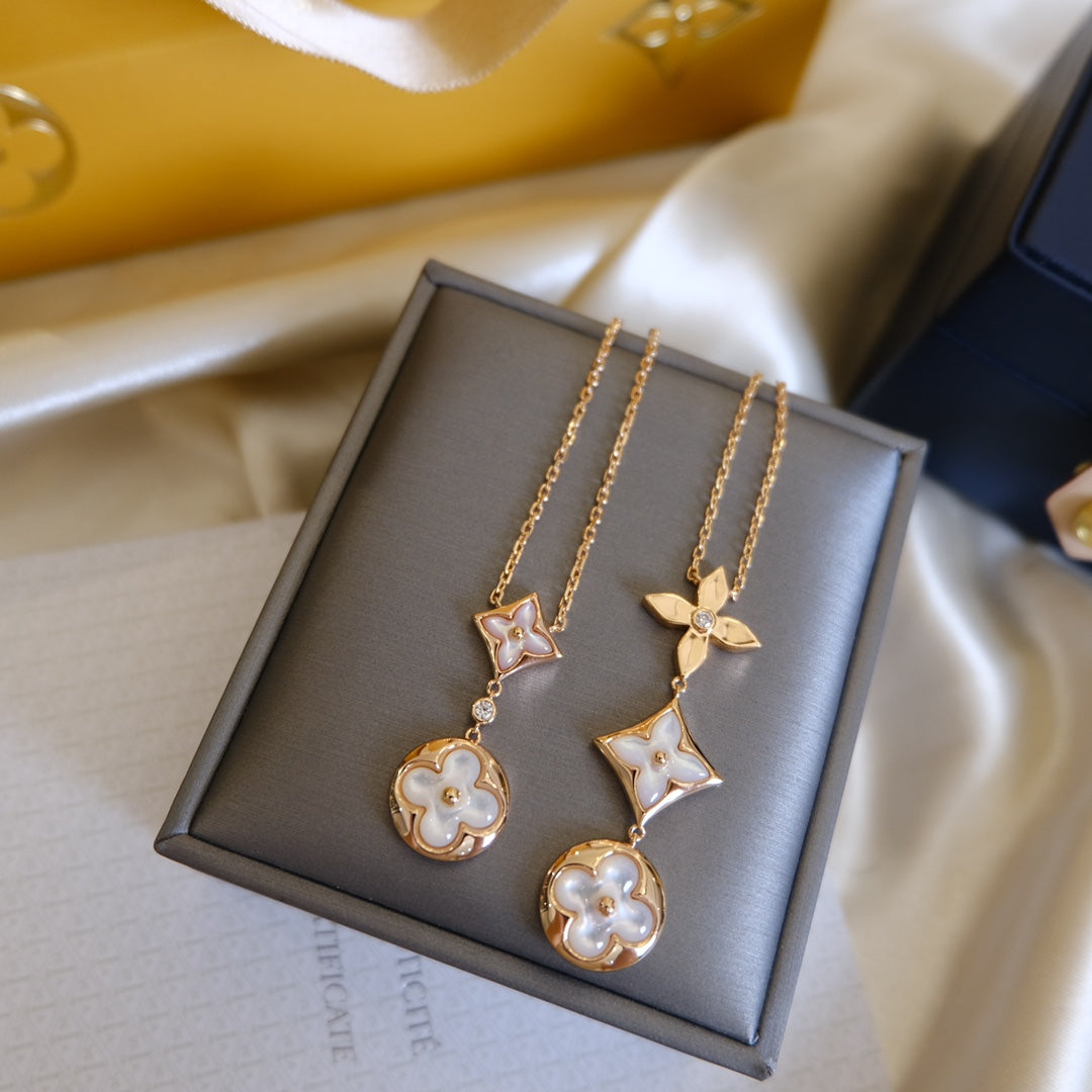 [Clara Jewels]COLOR BLOSSOM LARIAT NECKLACE PINK GOLD WHITE MOTHER PEARL AND DIAMOND