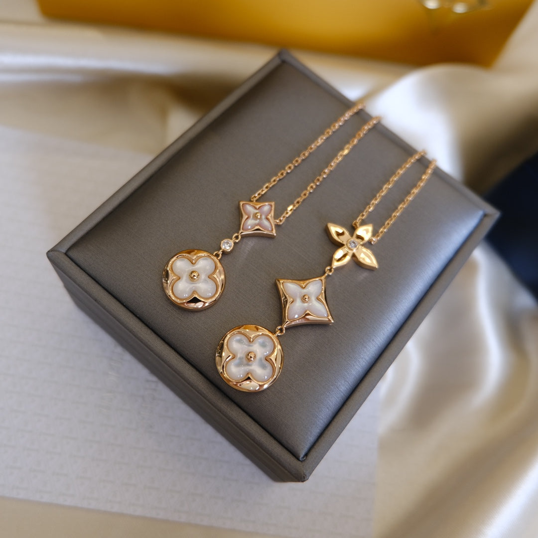 [Clara Jewels]COLOR BLOSSOM LARIAT NECKLACE PINK GOLD WHITE MOTHER PEARL AND DIAMOND