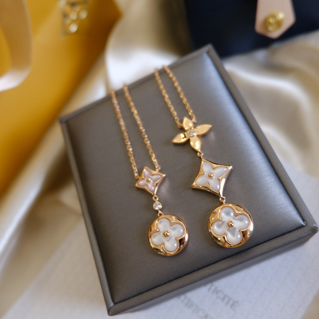 [Clara Jewels]COLOR BLOSSOM LARIAT NECKLACE PINK GOLD WHITE MOTHER PEARL AND DIAMOND
