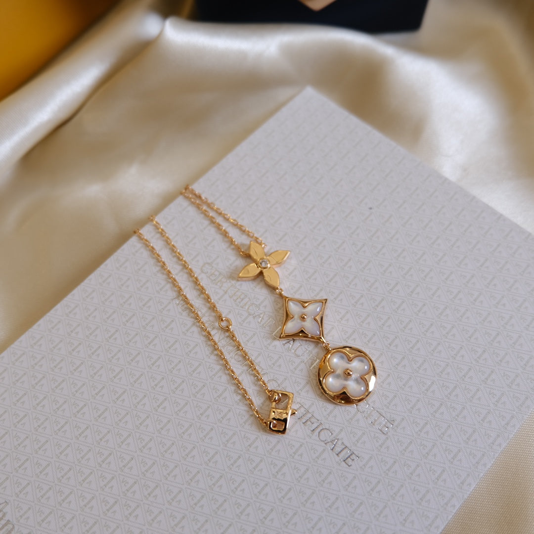 [Clara Jewels]COLOR BLOSSOM LARIAT NECKLACE PINK GOLD WHITE MOTHER PEARL AND DIAMOND