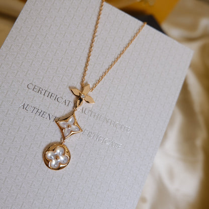 [Clara Jewels]COLOR BLOSSOM LARIAT NECKLACE PINK GOLD WHITE MOTHER PEARL AND DIAMOND