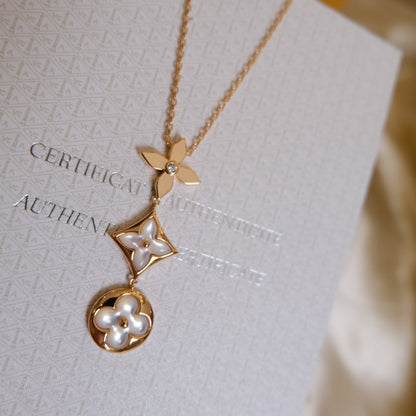 [Clara Jewels]COLOR BLOSSOM LARIAT NECKLACE PINK GOLD WHITE MOTHER PEARL AND DIAMOND