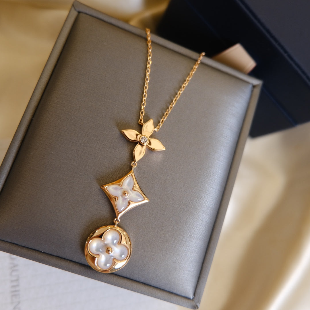[Clara Jewels]COLOR BLOSSOM LARIAT NECKLACE PINK GOLD WHITE MOTHER PEARL AND DIAMOND