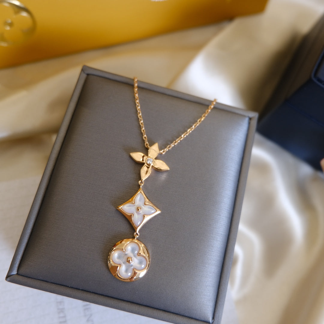 [Clara Jewels]COLOR BLOSSOM LARIAT NECKLACE PINK GOLD WHITE MOTHER PEARL AND DIAMOND