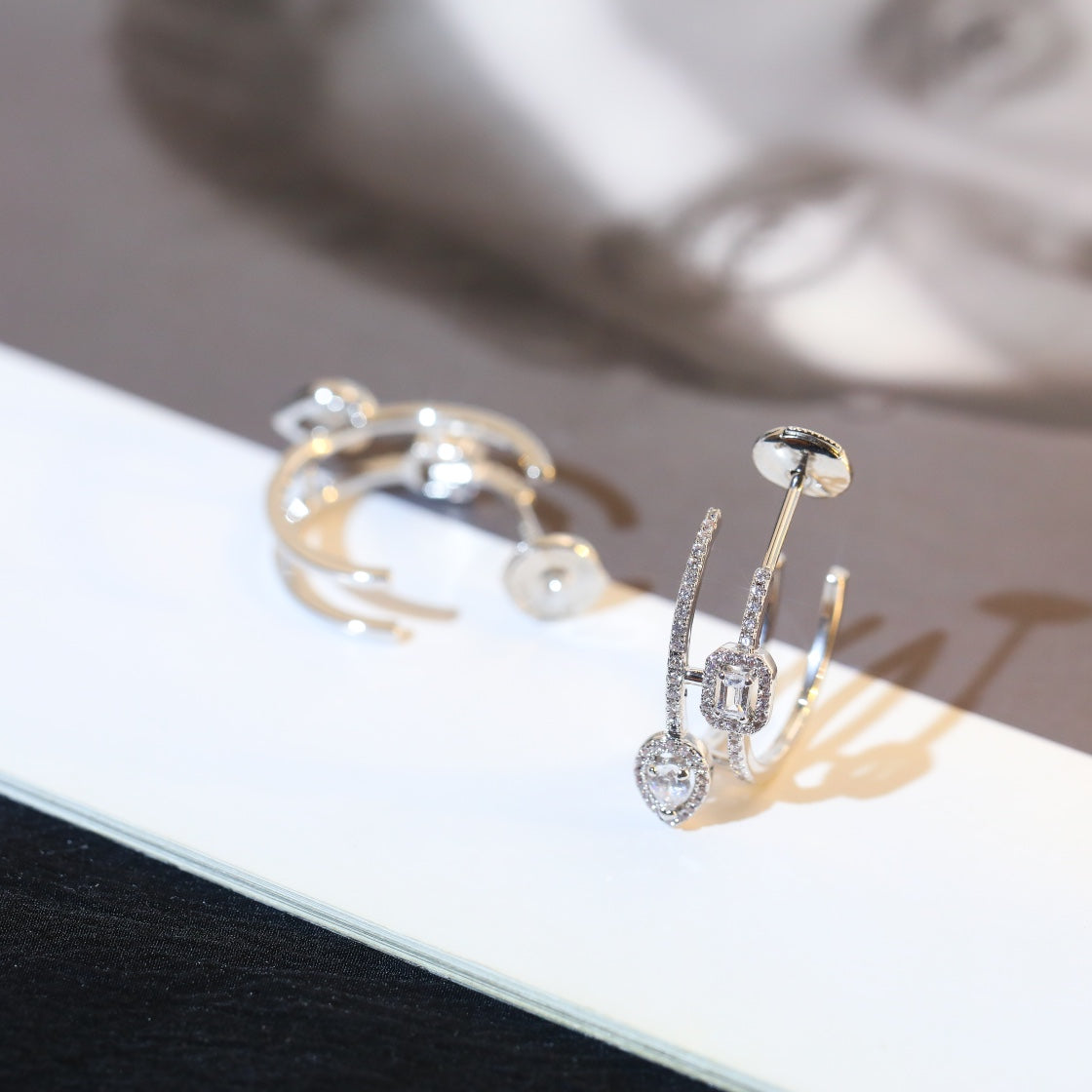 [Clara Jewely]CREOLES MY TWIN 2 RANGS SILVER DIAMOND EARRINGS