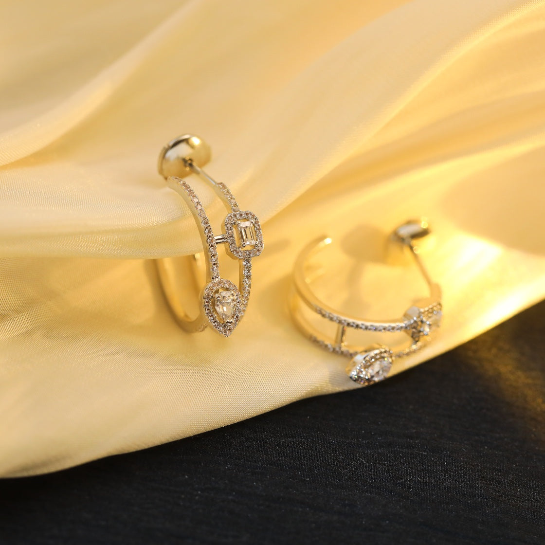 [Clara Jewely]CREOLES MY TWIN 2 RANGS SILVER DIAMOND EARRINGS