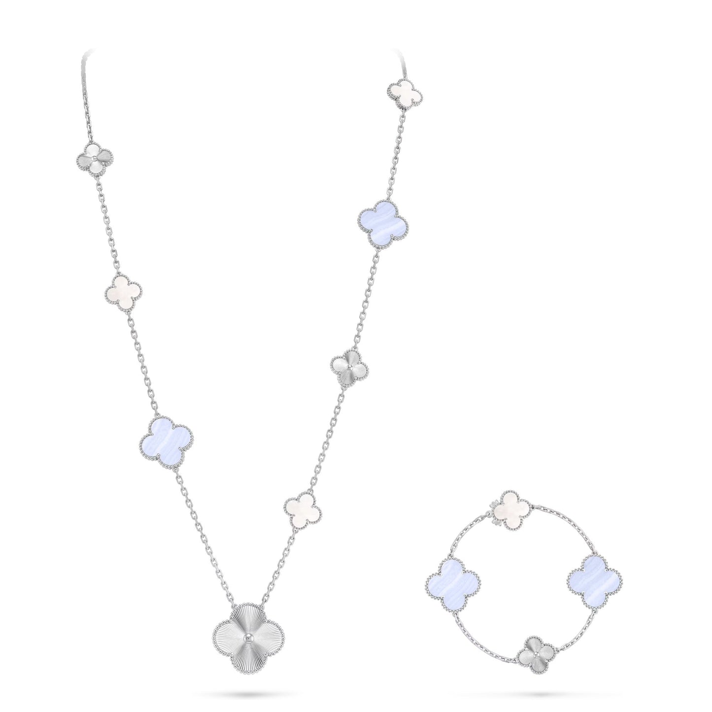 [Clara Jewels]DETACHABLE CLOVER 15(11+4) FLOWER SILVER NECKLACE SET
