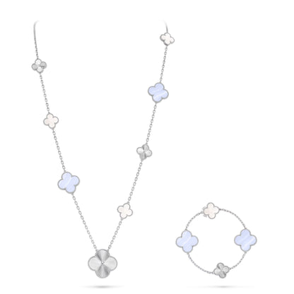 [Clara Jewels]DETACHABLE CLOVER 15(11+4) FLOWER SILVER NECKLACE SET
