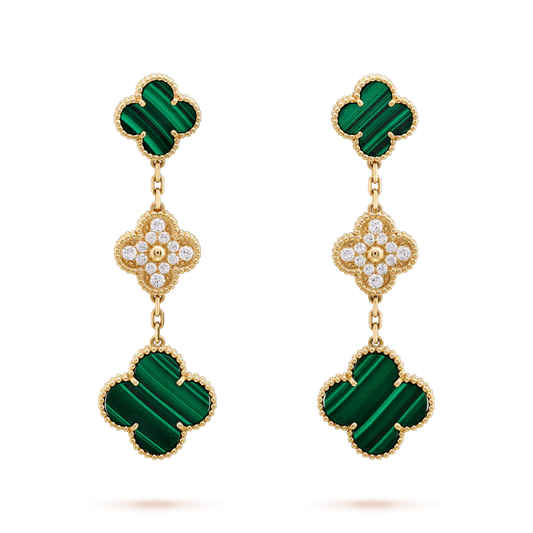 [Clara Jewels]CLOVER EARRINGS GOLD MALACHITE DIAMOND 3 MOTIF