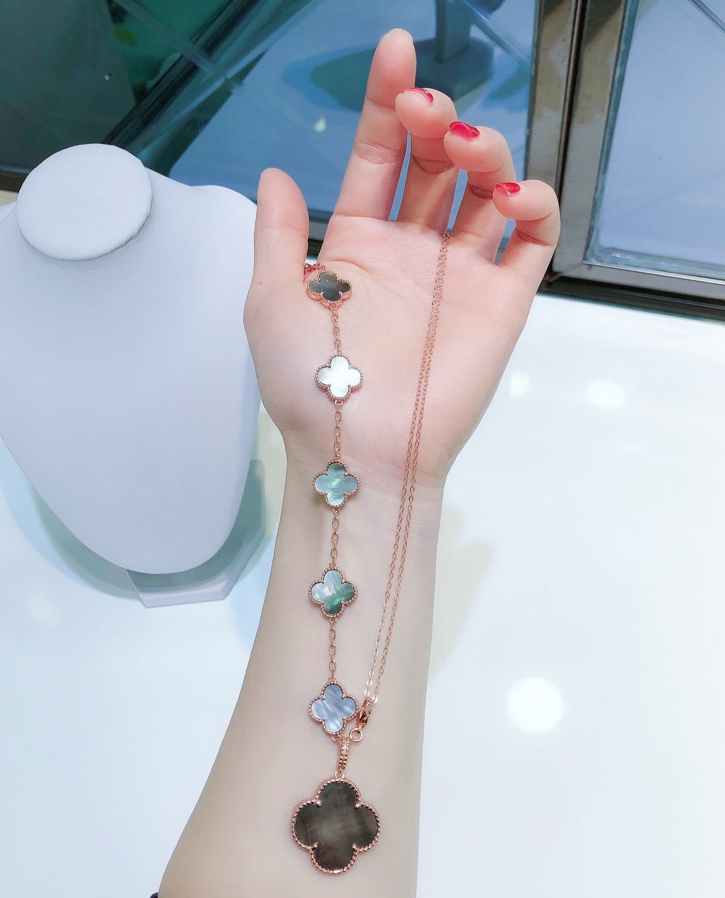 [Clara Jewels]COMBINED BRACELET 5 MOTIFS AND NECKLACE DARK MOP ROSE GOLD