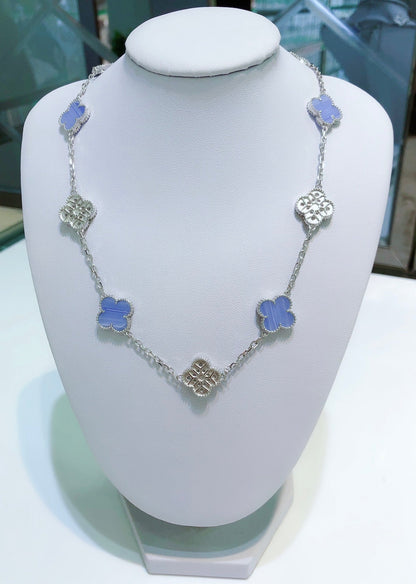[Clara Jewels]CLOVER 10 MOTIFS CHALCEDONY DIAMONDS SILVER NECKLACE