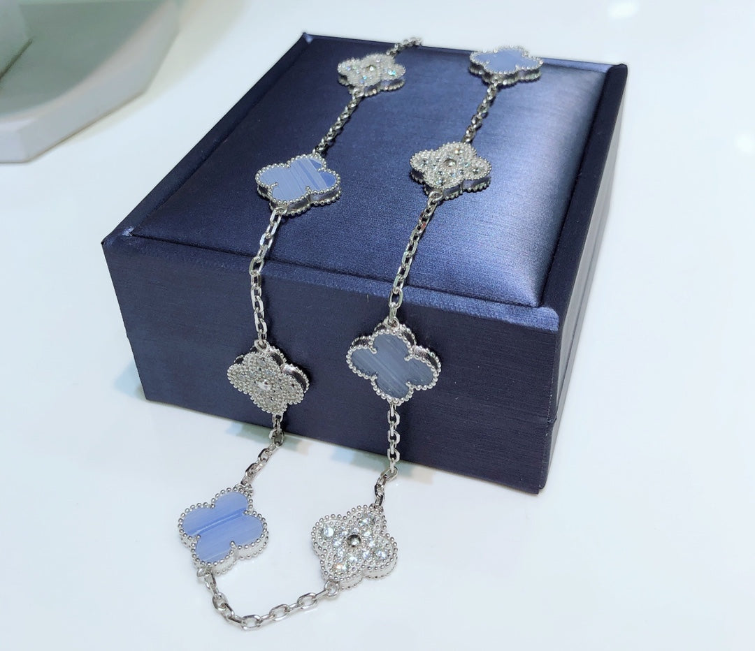 [Clara Jewels]CLOVER 10 MOTIFS CHALCEDONY DIAMONDS SILVER NECKLACE