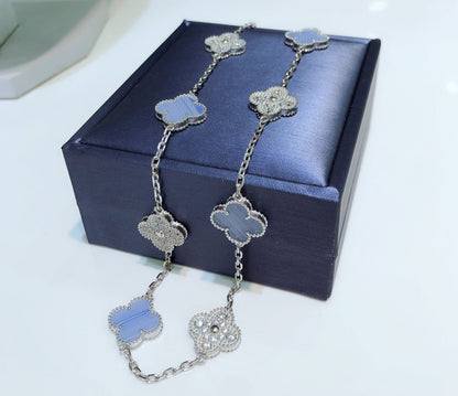 [Clara Jewels]CLOVER 10 MOTIFS CHALCEDONY DIAMONDS SILVER NECKLACE