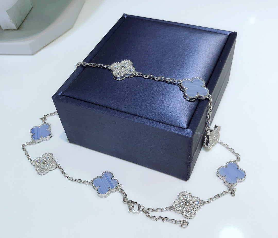 [Clara Jewels]CLOVER 10 MOTIFS CHALCEDONY DIAMONDS SILVER NECKLACE