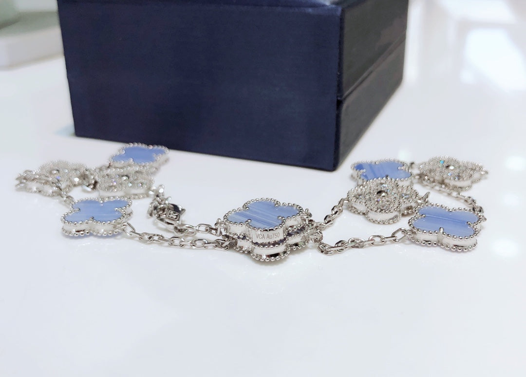 [Clara Jewels]CLOVER 10 MOTIFS CHALCEDONY DIAMONDS SILVER NECKLACE