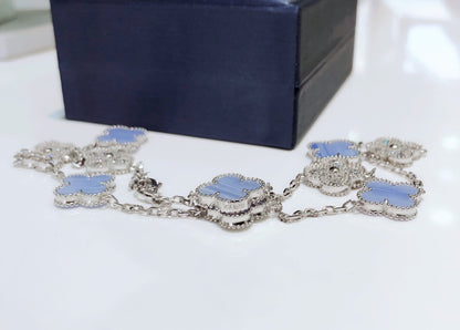 [Clara Jewels]CLOVER 10 MOTIFS CHALCEDONY DIAMONDS SILVER NECKLACE