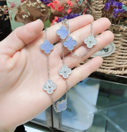 [Clara Jewels]CLOVER 10 MOTIFS CHALCEDONY DIAMONDS SILVER NECKLACE