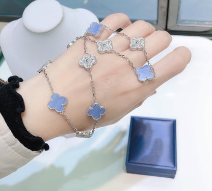 [Clara Jewels]CLOVER 10 MOTIFS CHALCEDONY DIAMONDS SILVER NECKLACE
